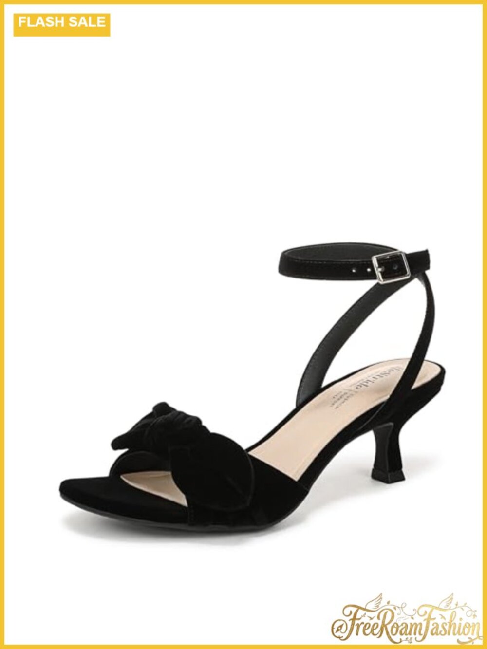 Strappy Dress Sandal with Bow, Mid Flared Heel, Adjustable Buckle, Soft System